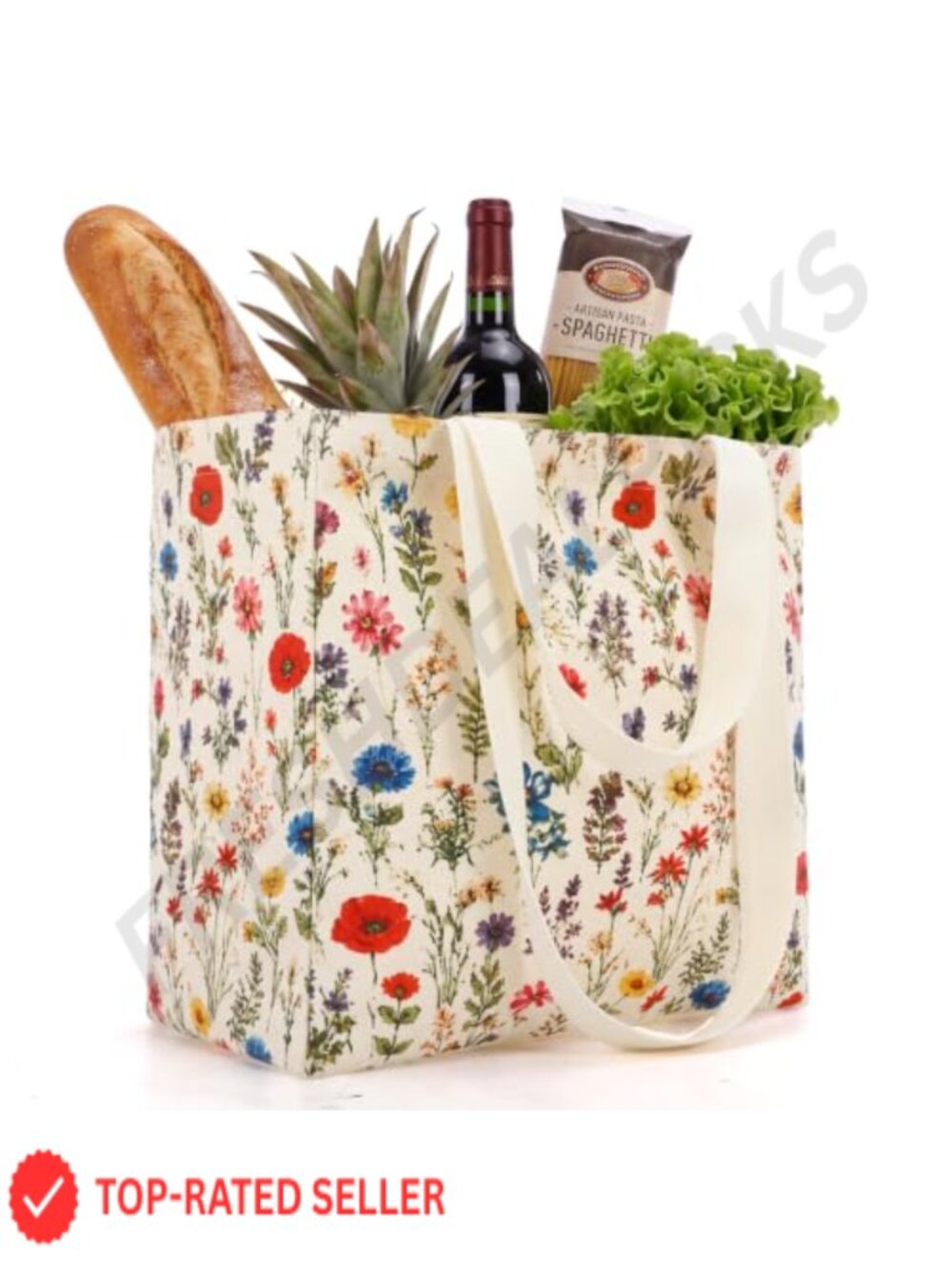 Large Canvas Shopping Tote with Floral Print, Reusable Shoulder Bag with 6